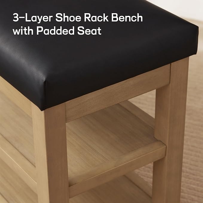 Shoe Rack Bench with Leather Cushion, 2 Tier Solid Wood Storage Bench, - Image 5