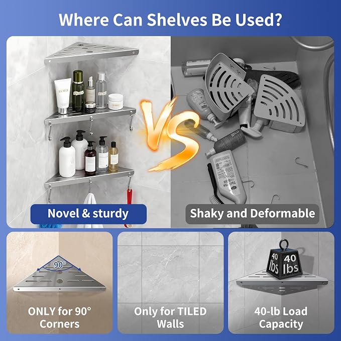 Shower Corner Shelf 304 Stainless Steel Shower Caddy 3 Tier Shower Organizer - Image 6