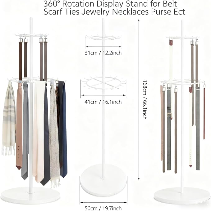 White Belt Display Scarf &Ties Rack Stand, 360° Rotation Floor Mounted Belt - Image 3