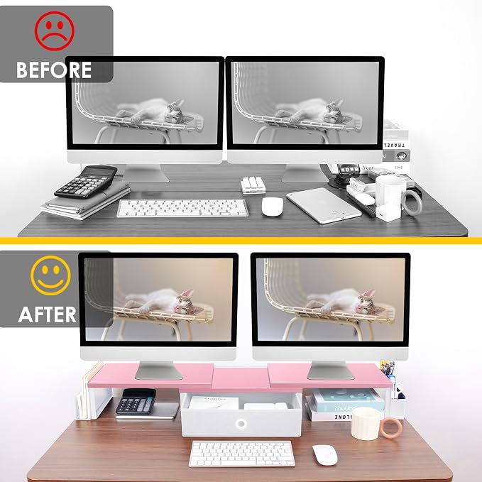 Dual Monitor Stand Riser With Drawer & Metal Leg, Large Desk Shelf - Image 5