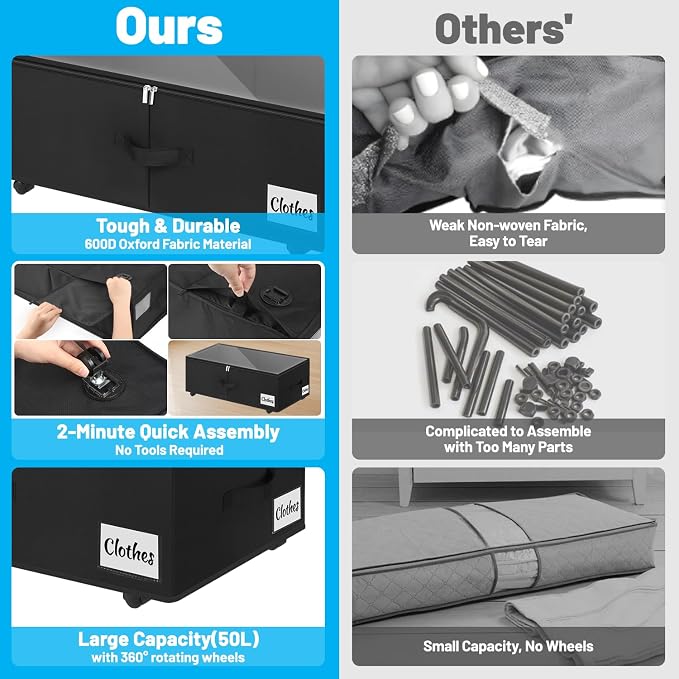2 Pack Under Bed Storage with Wheels 6.7" Height, Rolling Storage Bins XL 50L - Image 5