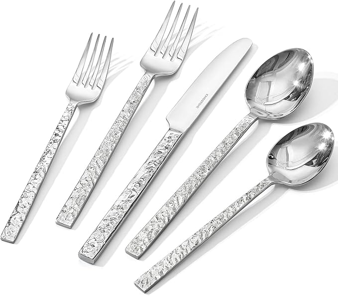 KINGSTONE 40 Pcs Hammered Silverware Set by KINGSTONE