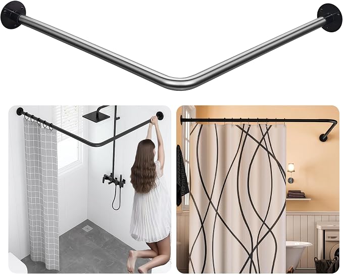 L-Shaped Corner Shower Curtain Rod, 「Black 24"-53" x 24"-53"」 Adjustable by Sikaiqi