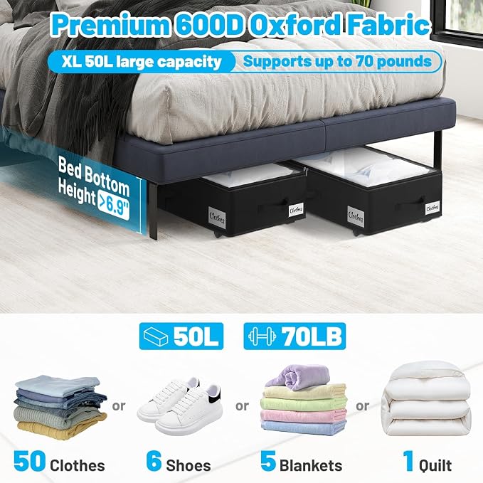 2 Pack Under Bed Storage with Wheels 6.7" Height, Rolling Storage Bins XL 50L - Image 2