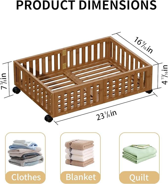 Bamboo Under Bed Storage with Wheels, Rolling Underbed Shoe Organizer Box - Image 2