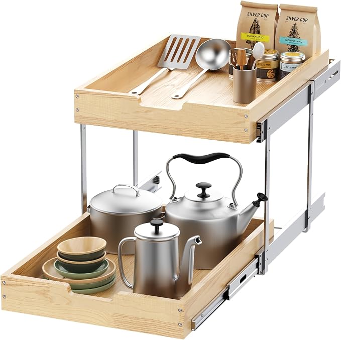 Wood Pull Out Cabinet Organizer 2 Tie 20" W x 21" D, Heavy-Duty Sliding Drawers by SikarouStorageSpecialist