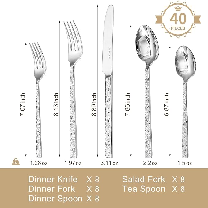 KINGSTONE 40 Pcs Hammered Silverware Set - Image 2
