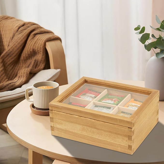 Wood Tea Bag Organizer, 6 Compartment Multi-Functional Tea Box and Storage - Image 7