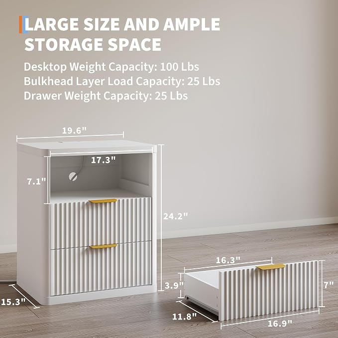 Fluted Nightstand with Charging Station, Bedside Table with 2 Drawers and Open - Image 2