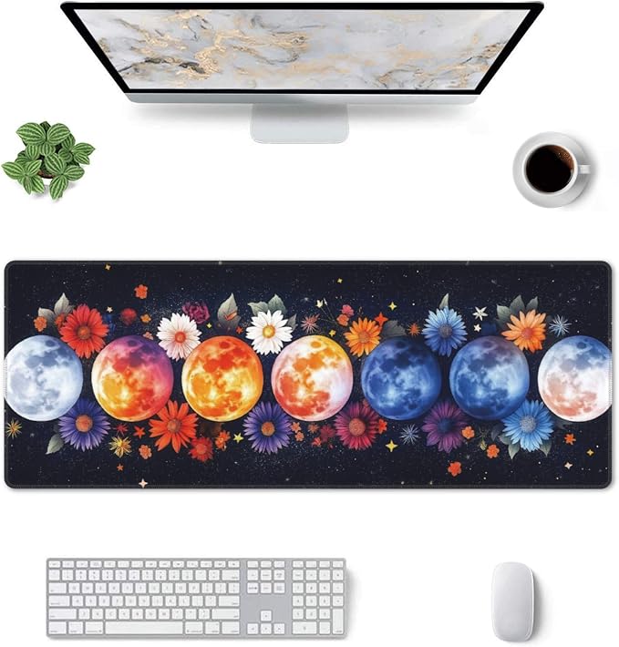 Colorful Moon Phases Large Mouse Pad, Watercolor Flowers Gaming Desk Mat - Image 8