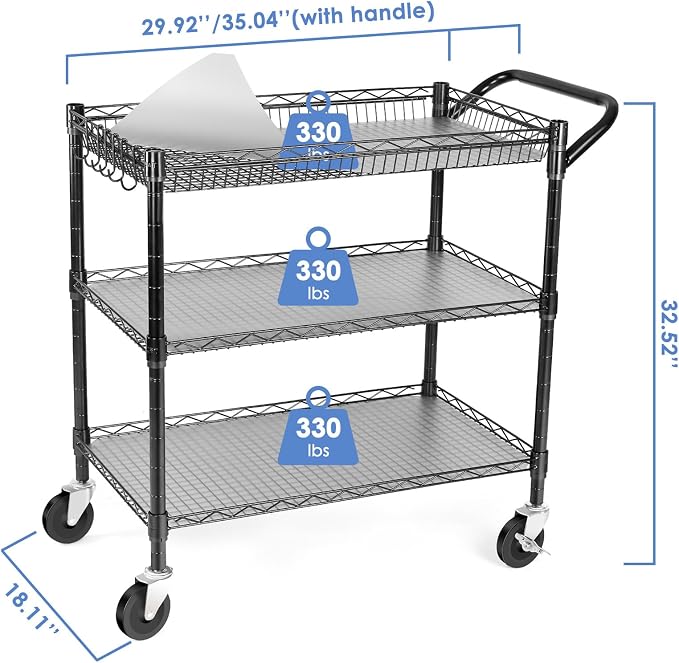 WDT Heavy Duty 3 Tier Utility Cart, Wire Rolling Cart - Image 4
