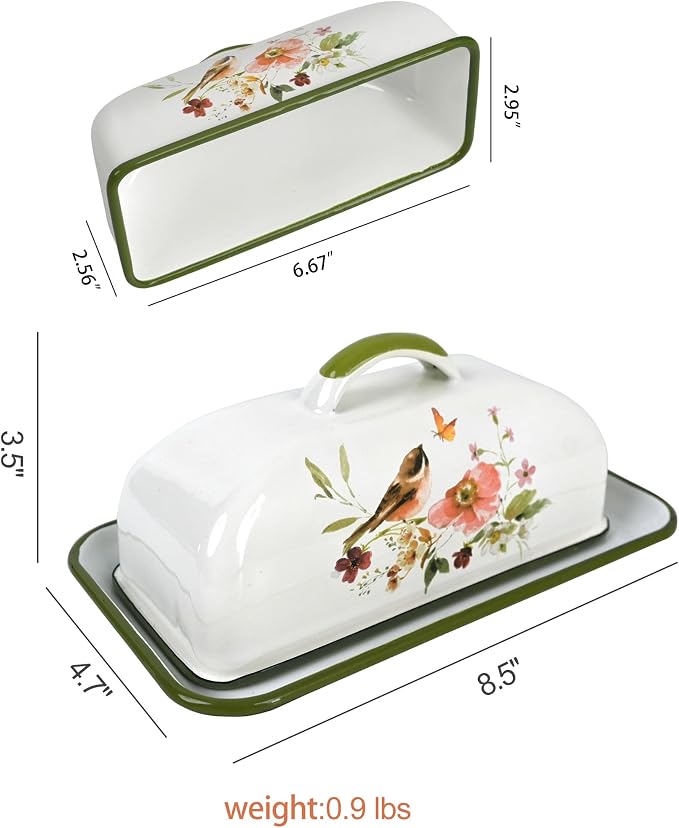 Enamel Butter Dish with Lid Vintage Enamelware Butter Keeper with Flower and - Image 2