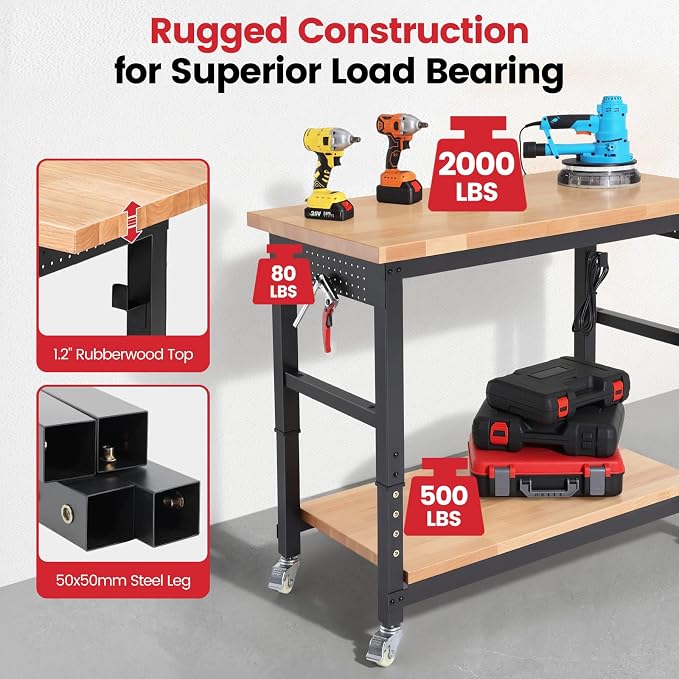 Workbench with Wheels 48 Inch Adjustable Height Work Table with Under Table - Image 3