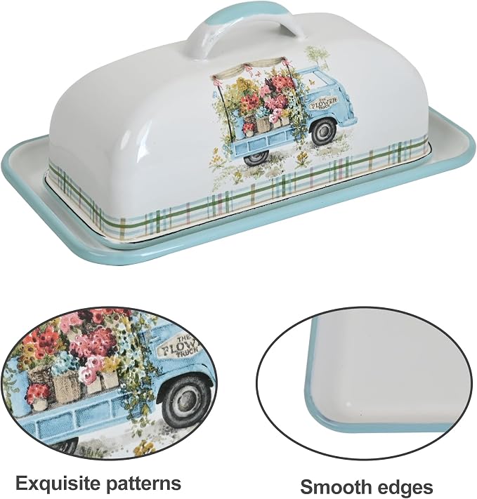 Enamel Butter Dish with Lid Vintage Enamelware Butter Keeper with Flower and - Image 4
