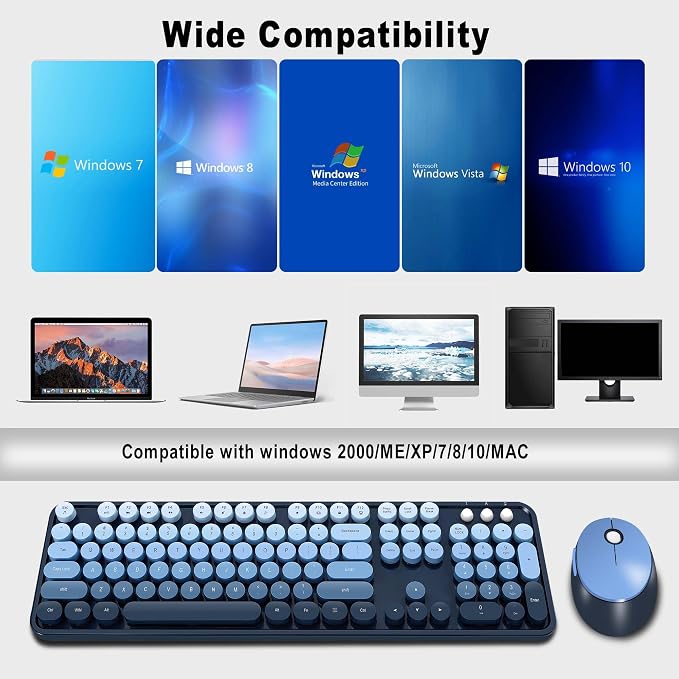 Wireless Keyboard and Mice Combo, Retro Round Keys Full-Sized Cute Keyboard - Image 6