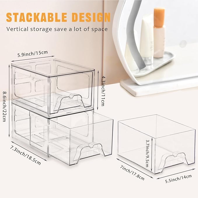 6 Pack Stackable Makeup Organizer, 4.4'' Tall Acrylic Bathroom Makeup Organizer - Image 2