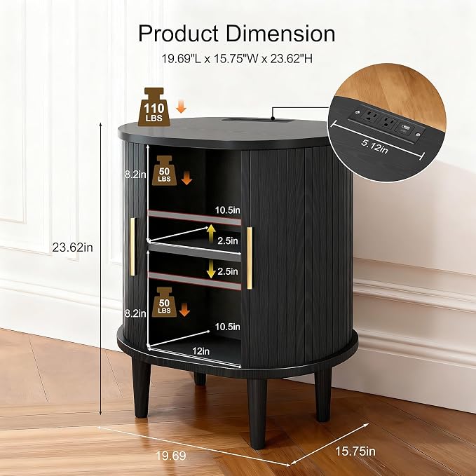 Nightstand with Charging Station, Fluted Accent Side Table with Sliding Door & - Image 2