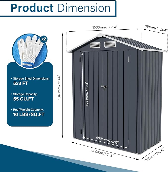 Metal Storage Shed, 5X3 FT Lockable Outdoor Tool Shed - Image 7