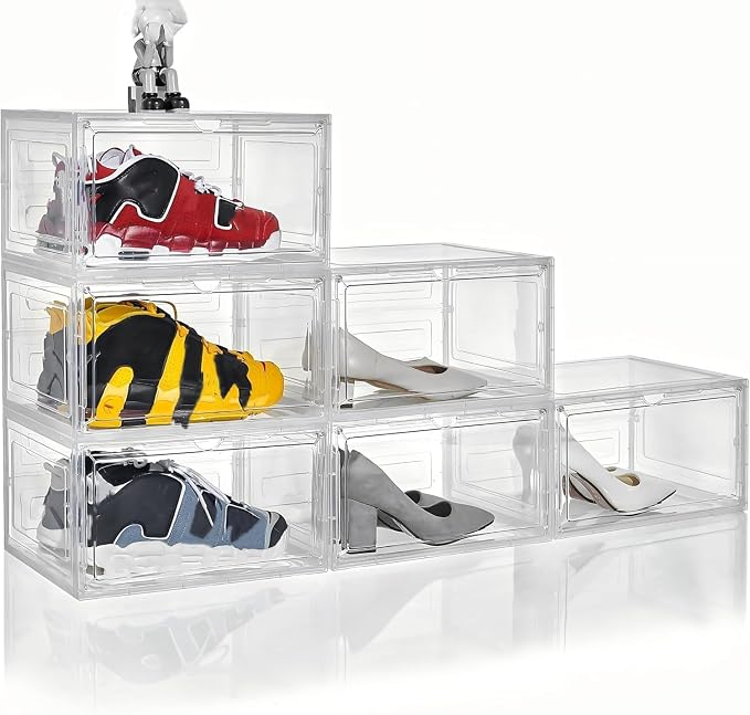 Clear Shoe Box Plastic Stackable Upgraded 6 Pack Shoe Storage Box Organizer by Attelite