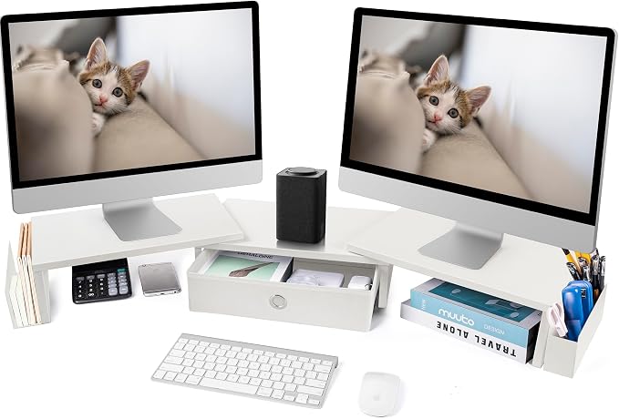 Dual Monitor Stand Riser w/ Drawer & Metal Leg, Large White Computer Monitor by RUILALIFE