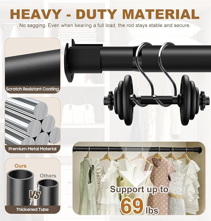 Closet Rods for Hanging Clothes, 16.5 to 60 Inches Adjustable Metal Closet Rod - Image 2