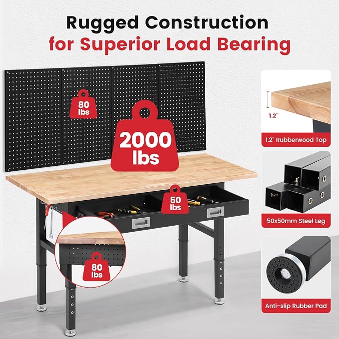 Workbench for Garage 60 x 22 Inch Adjustable Height Work Table - Image 2