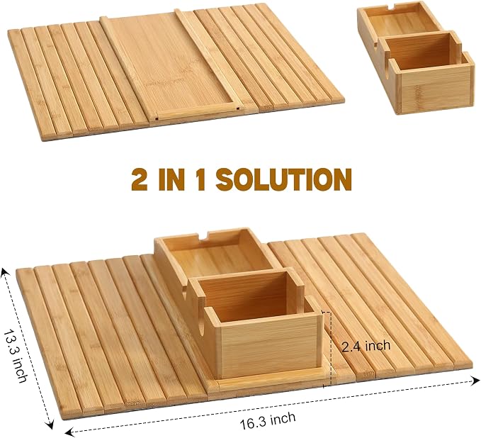 Adjustable Bamboo Couch Cup Holder – Foldable Non-Slip Sofa Arm Tray Couch Caddy - Image 2