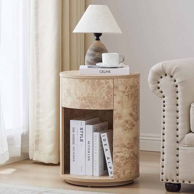 Side Table with Drawer, Round Bedside Table with Open Shelf, Farmhouse Burl - Image 5