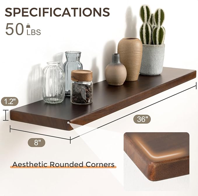 36" Rustic Walnut Wood Floating Shelves, 8 Inch Deep Wall Shelves - Image 3