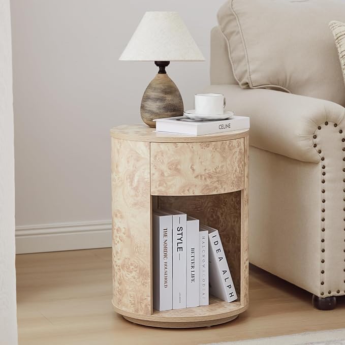 Side Table with Drawer, Round Bedside Table with Open Shelf, Farmhouse Burl by Unknown