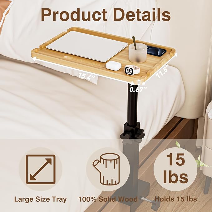 Bedside Shelf for Bed, Height-Adjustable Clip On Bedside Table, Overbed Table - Image 2