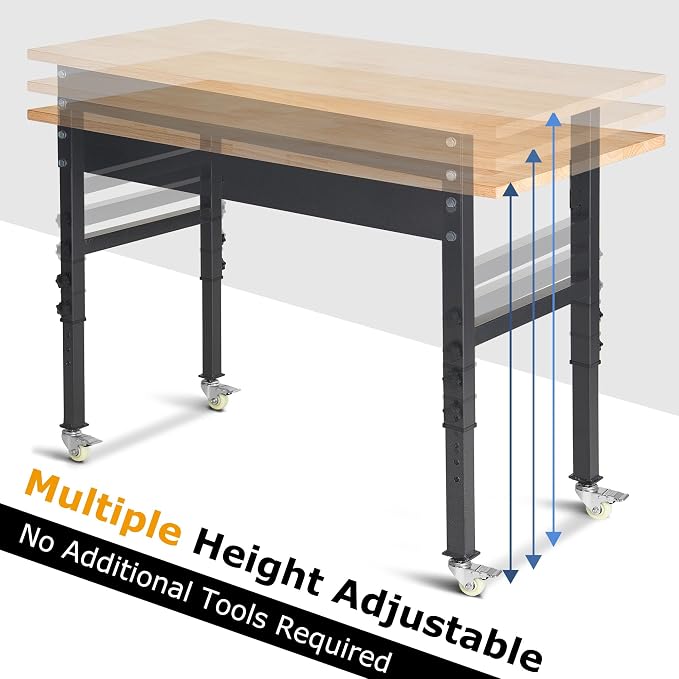 48" Adjustable Work Bench, Rubber Wood Top Workbench Heavy-Duty Work Table - Image 7