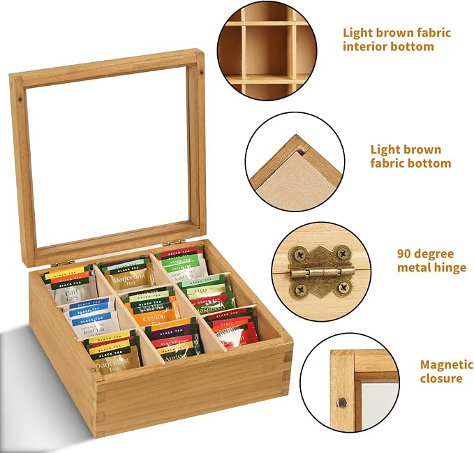 Wood Tea Bag Organizer, 9 Compartment Multi-Functional Tea Box and Storage - Image 6