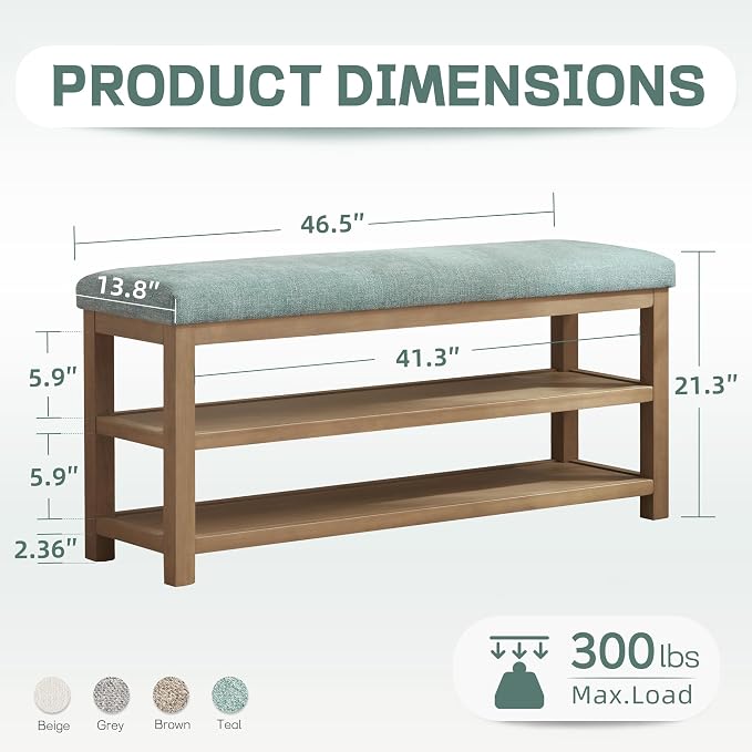 Shoe Rack Bench with Cushion, 2 Tier Solid Wood Storage Bench, Mid-Century - Image 2