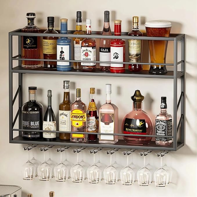Wall Mounted Wine Rack with Glass Holder, 2-Tier Multi-Functional Shelf - Image 8
