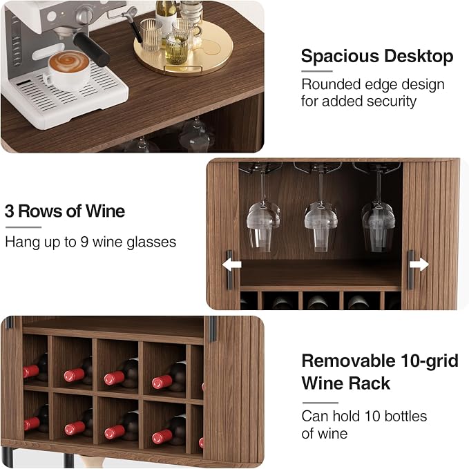 Coffee Bar Cabinet with Storage, Fluted Wine Cabinet with Sliding Doors - Image 4