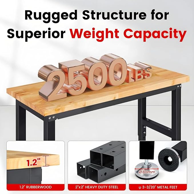 Work Bench for Garage 48 x 20 Inch Adjustable Height Rubberwood Tabletop Work - Image 3