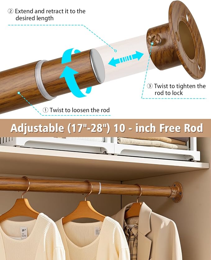 Closet Rods for Hanging Clothes, 17-28 Inch Heavy Duty and Stepless Adjustable - Image 4
