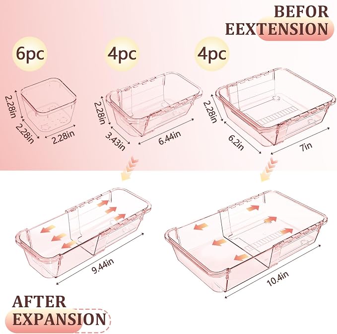 14 Pcs Adjustable Clear Drawer Organizer, Extendable Vanity Storage Bins - Image 2