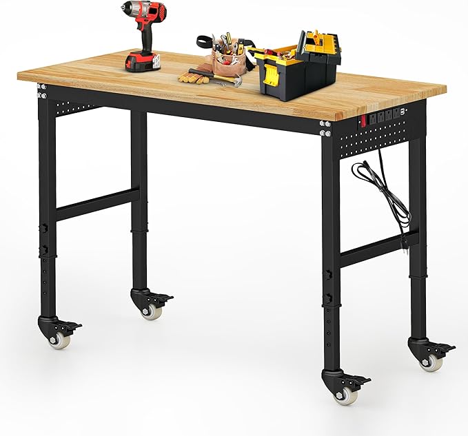 Betterhood 48" Adjustable Workbench on Wheels, Rubber Wood Heavy Duty by Betterhood