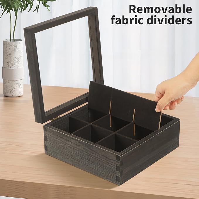 Black Wood Tea Bag Organizer, 9 Compartment Multi-Functional Tea Box and - Image 5