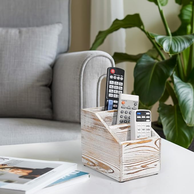 Wooden Remote Control Holder Organizer, 3 Compartment Storage Slots, TV Remote - Image 3