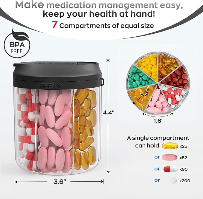 Pill Dispenser with 7 Large Compartments, 4.4" H x 3.6" Dia Pill Organizer - Image 2