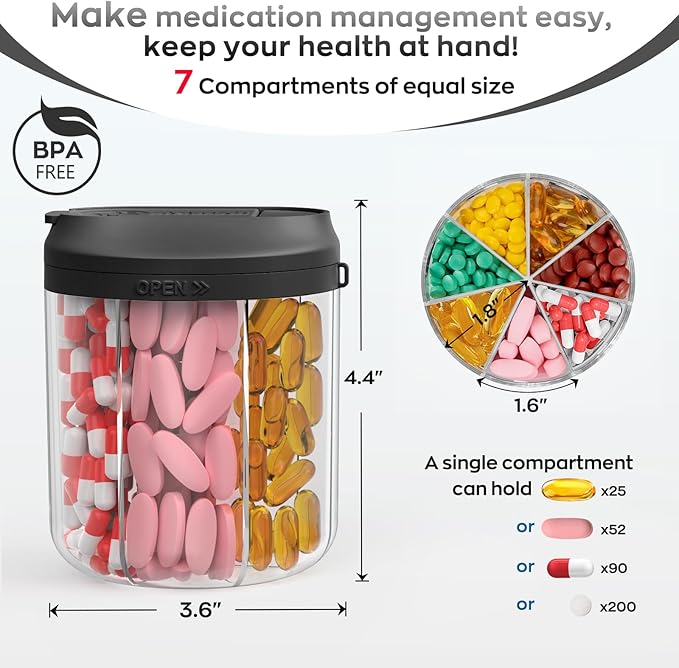 Pill Bottle Organizer with 7 Large Compartments, Pill Dispenser - Image 2