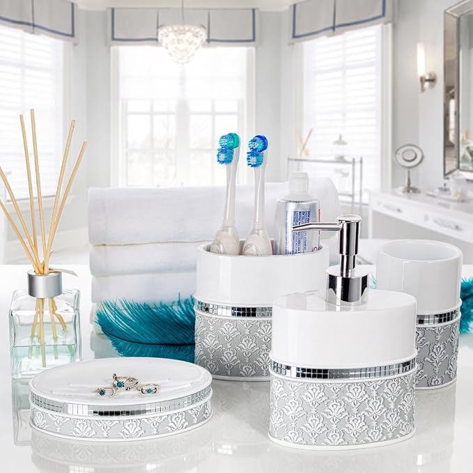 Creative Scents Mirror Damask Bathroom Accessory Set Complete - Image 2