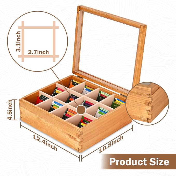 Wood Tea Box Organizer 12 Compartment Multi-Functional Storage Box - Image 3