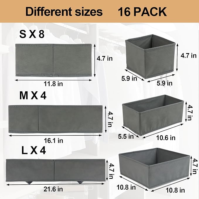 16 Pcs Drawer Organizer, Fabric Closet Organizer and Storage Baskets, Foldable - Image 2