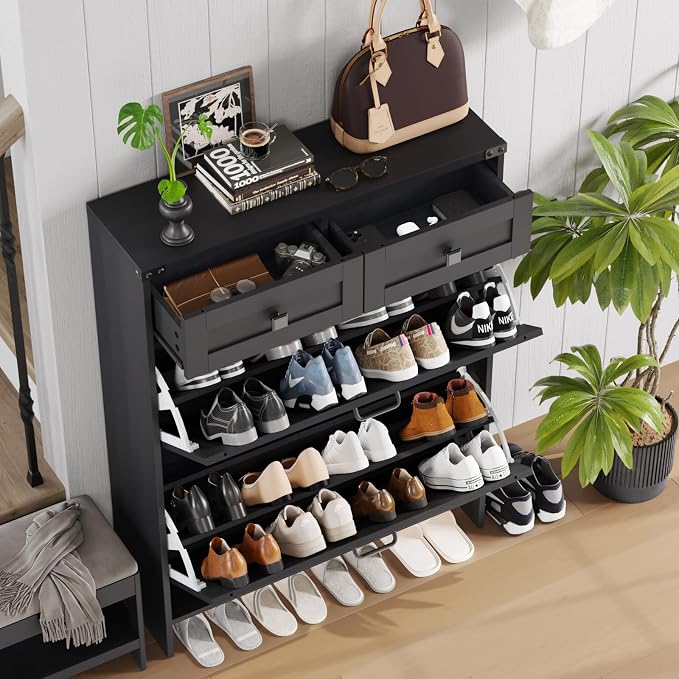 Shoe Cabinet with 2 Flip Drawers & 2 Drawers, Farmhouse Shoe Storage Cabinet - Image 4