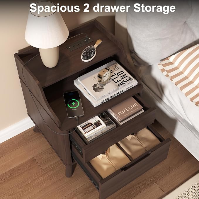 Nightstand with Charging Station, Wood Night Stand with Hidden Handle - Image 4
