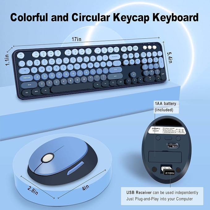 Wireless Keyboard and Mice Combo, Retro Round Keys Full-Sized Cute Keyboard - Image 7